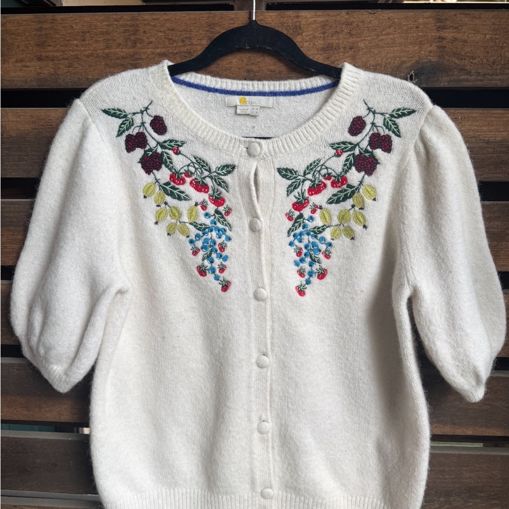Boden White Cardigan with Colorful Embroidery